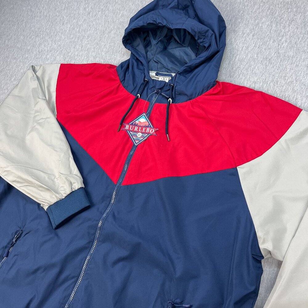 Burlebo Patriotic Windbreaker Mens 2XL Red White Blue Full Zip Hooded Nylon NEW